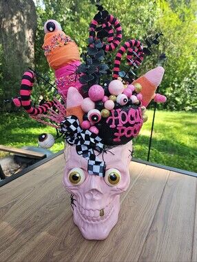 Whimsical Halloween Centerpiece Pink Skull Glitter Flocked Treats flowers 21"